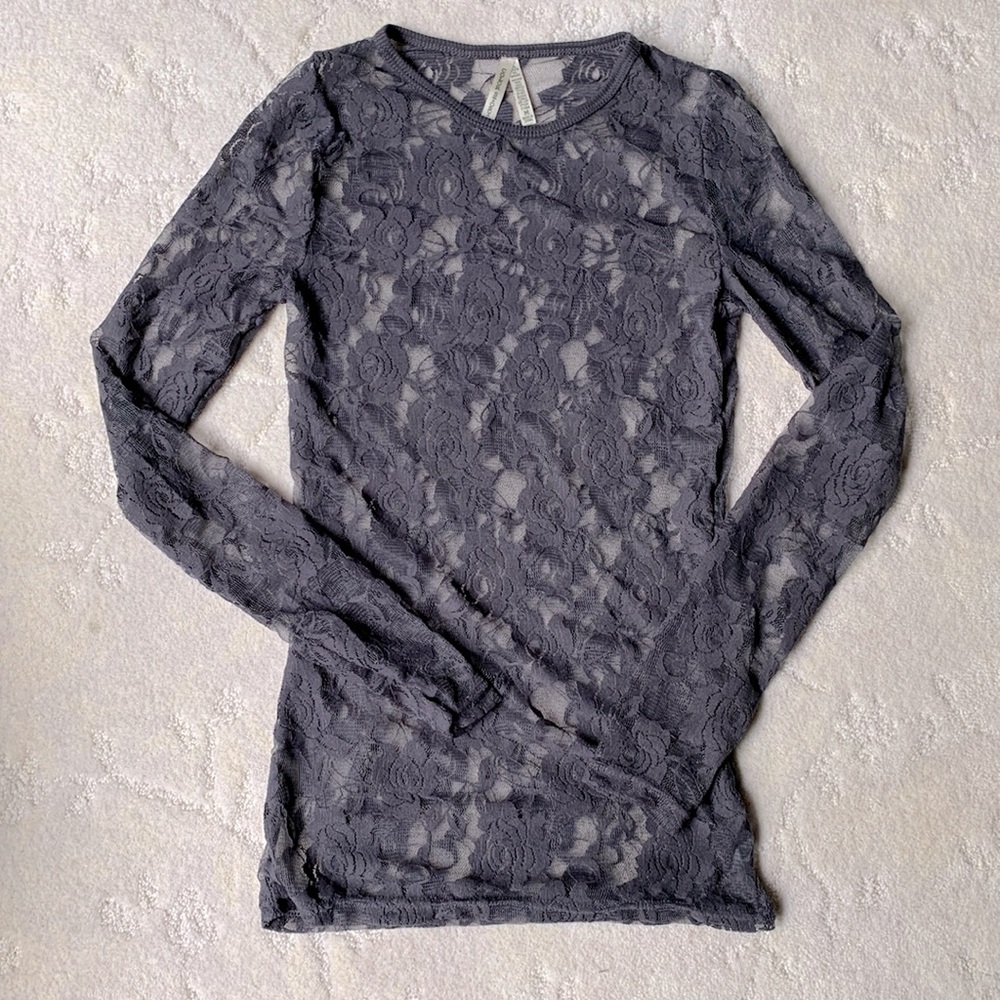 NWOT Off Gray Rose Pattern See Through LACE Long Sleeve Blouse, Brand New